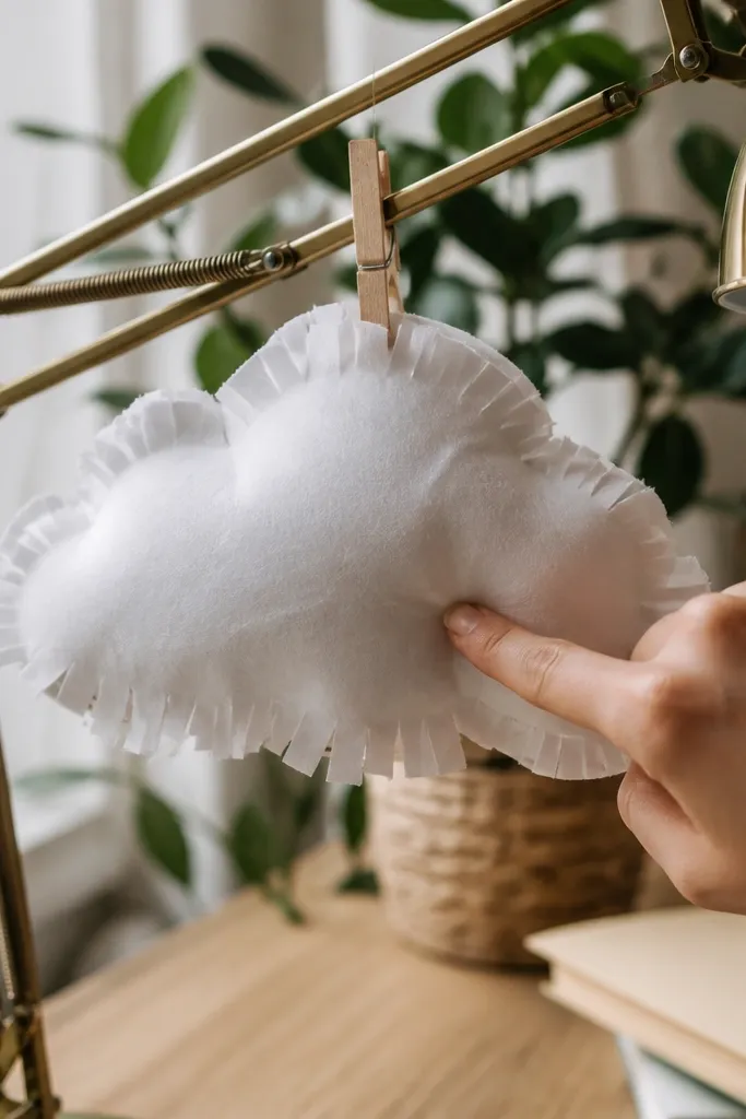 A white cloud paper squishy with tiny fringed edges and a soft rounded shape