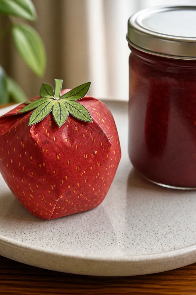 A red strawberry shaped paper squishy with tiny seed dots and a glossy look