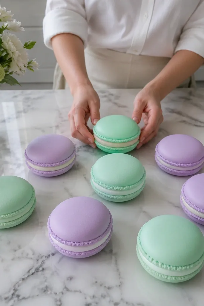 Two pastel macaron paper squishies, one mint and one cream, with a soft filling center
