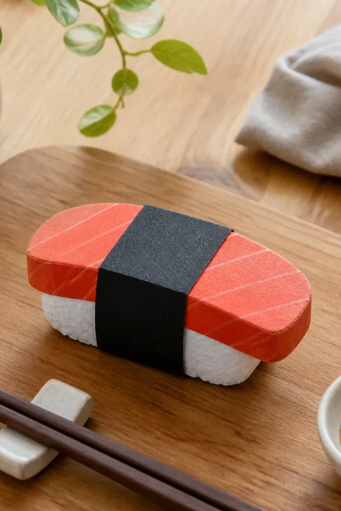 A paper sushi nigiri squishy with white rice and a dark green nori band