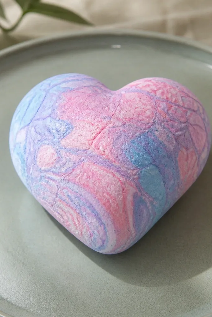 A pastel heart paper squishy with soft marbled tissue texture and a rounded shape