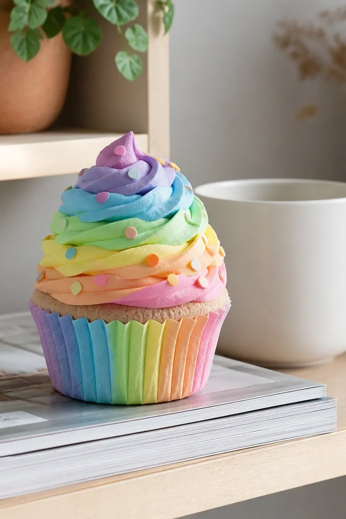 A small cupcake paper squishy with rainbow sprinkle dots on top