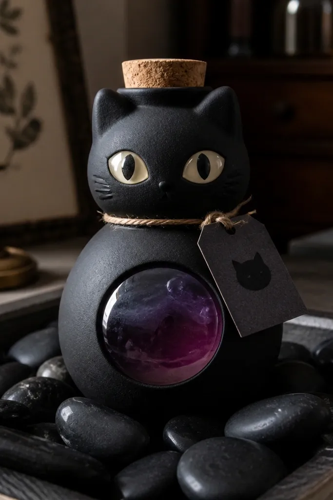 A black potion bottle paper squishy with a cat face and a glossy label