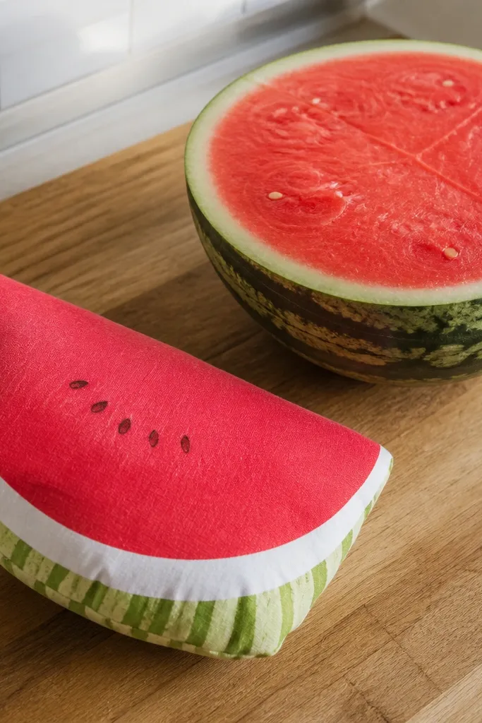 A watermelon slice paper squishy with red center, white rind, and green stripes