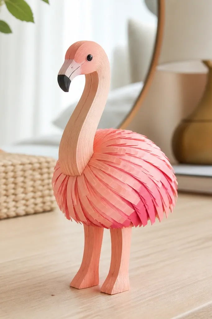 A pink flamingo-shaped paper squishy with small feather cuts