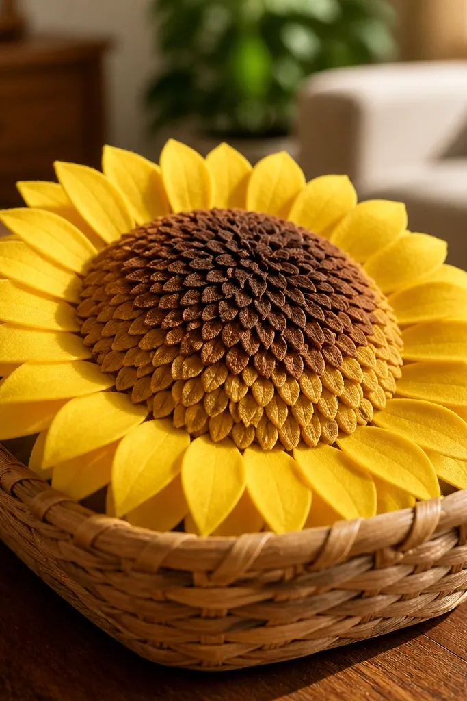 A sunflower paper squishy with layered petals and a textured seed center