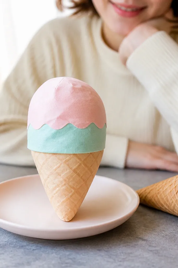 A pastel ice cream cone paper squishy with a waffle cone pattern