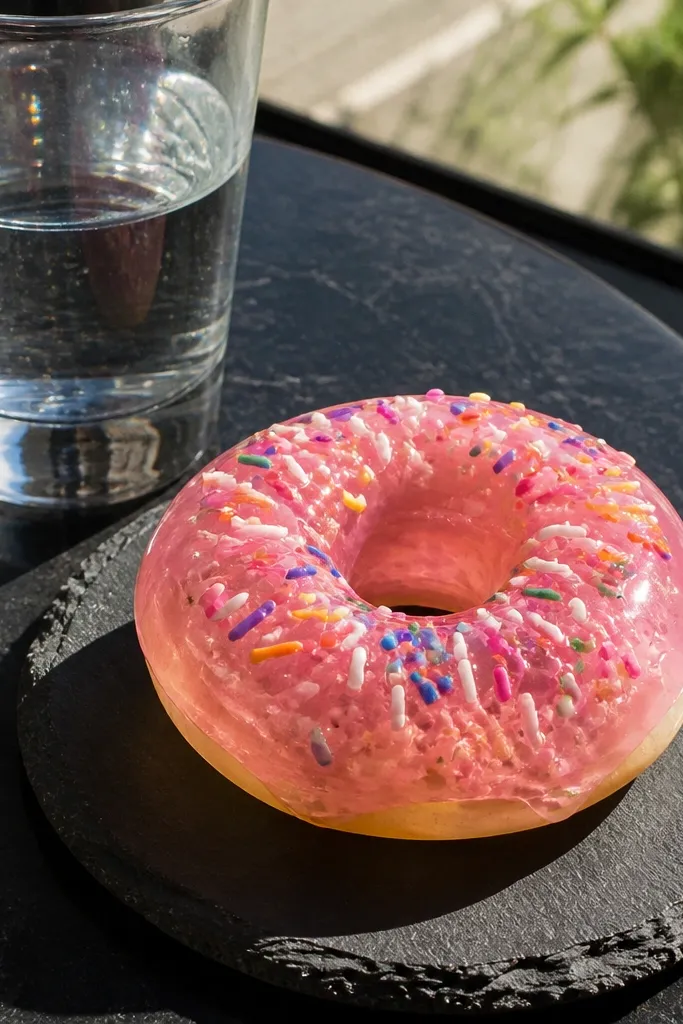 A donut-shaped paper squishy with colorful sprinkles and glossy icing