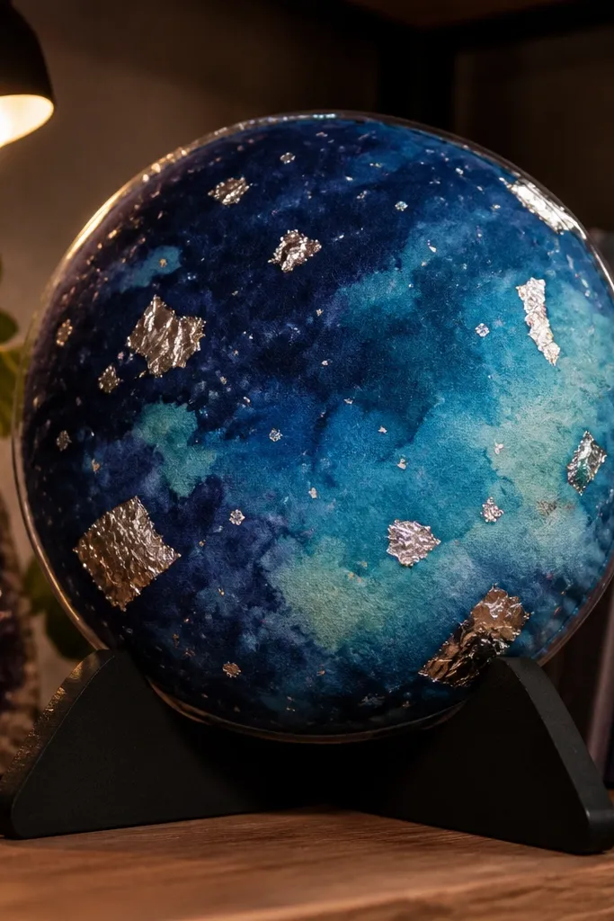 A round galaxy planet paper squishy with purple-blue swirls and tiny foil dots
