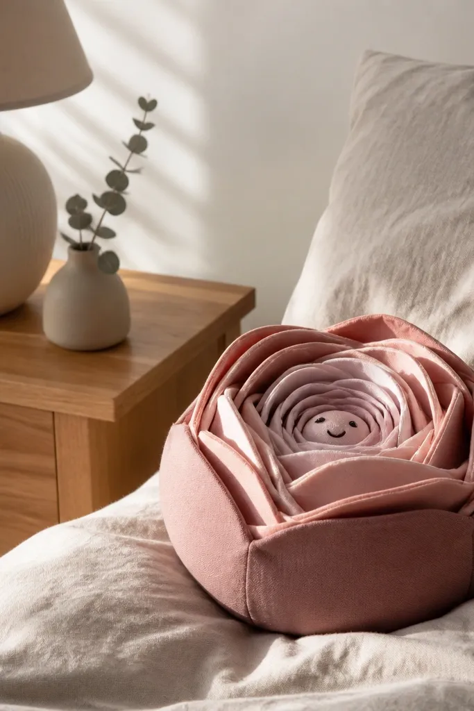 A pink rosebud paper squishy with curled petal strips wrapped around a soft center