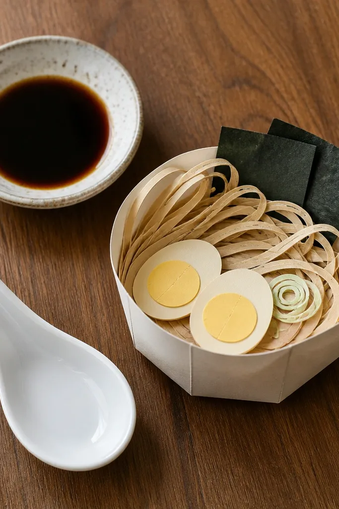 A ramen bowl paper squishy with looped noodle paper strands on top