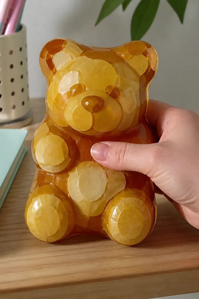 A gummy bear paper squishy with a shiny lighter belly patch