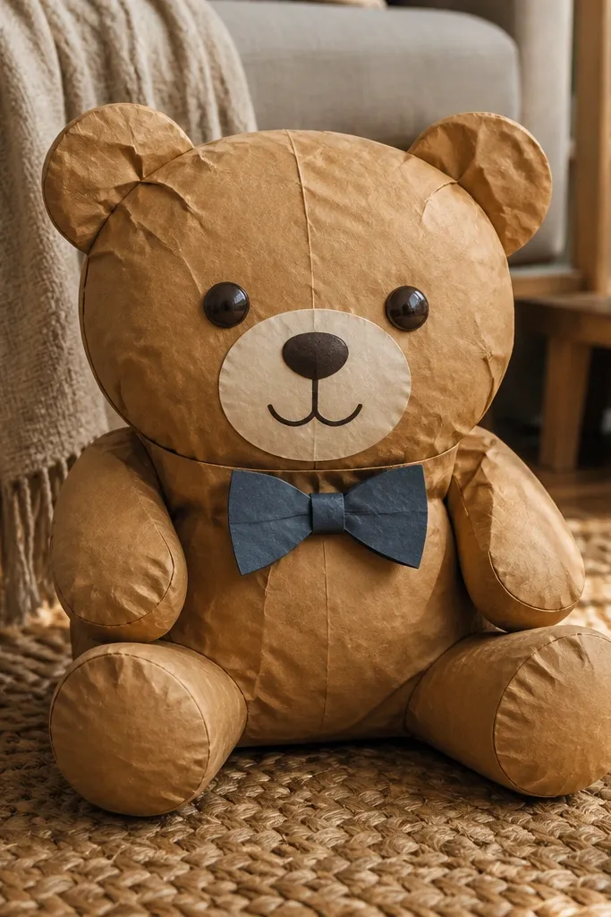 A brown teddy bear paper squishy with a small bow tie on the chest