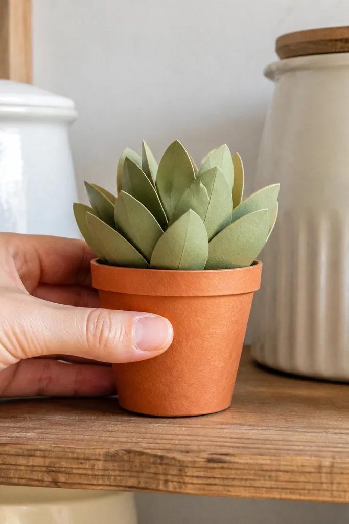 A mini paper potted plant squishy with layered fan leaves