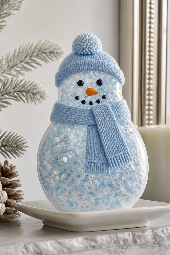An ice blue snowman paper squishy with round button dots and a small scarf