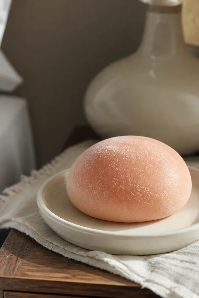 A peach mochi paper squishy with soft layered texture and a smooth face