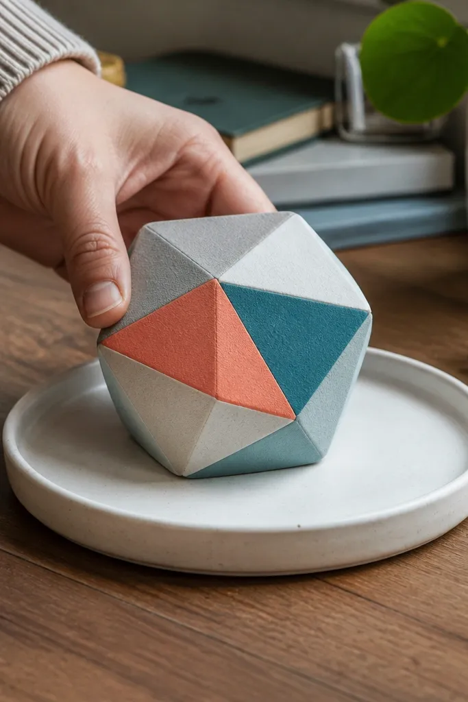 A hexagon paper squishy with layered geometric facets in muted colors