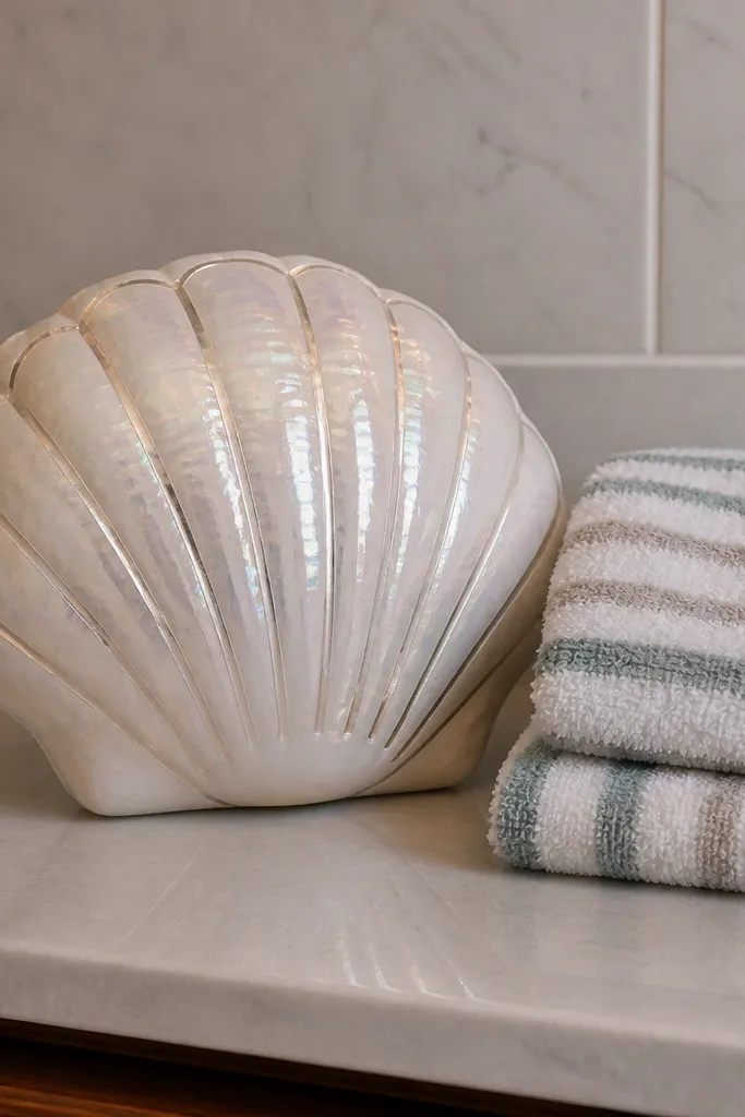 A pearl white seashell paper squishy with curved shimmer stripes