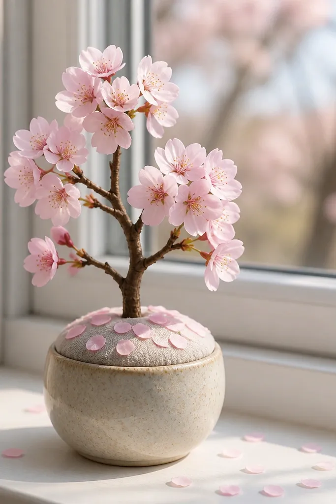 A small cherry blossom branch paper squishy with tiny pink petal dots