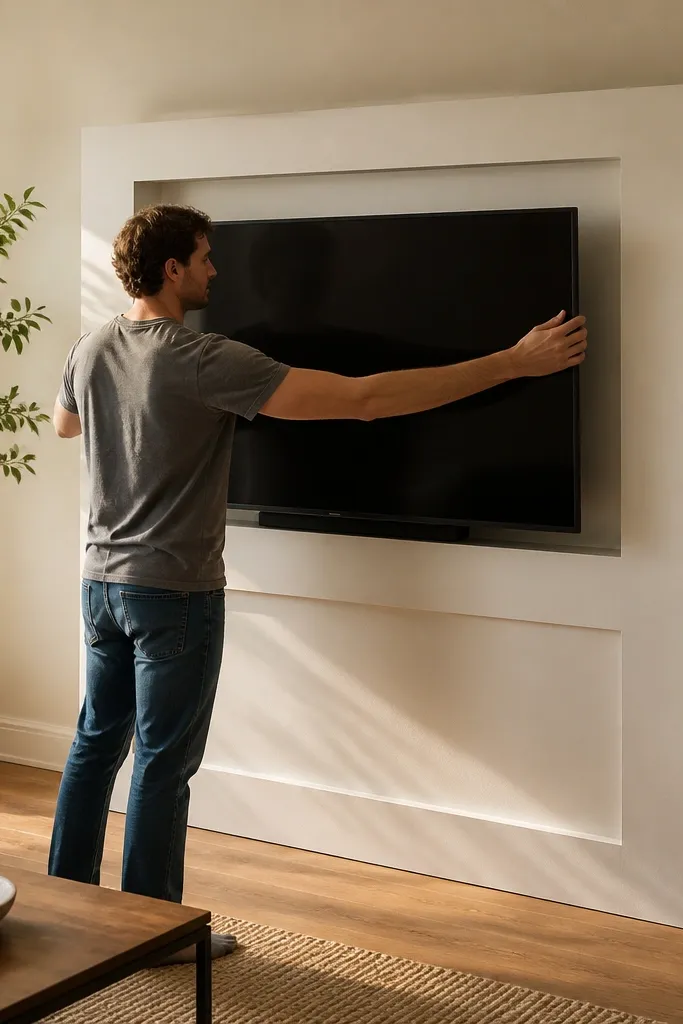 Tall TV framed by white trim on a freestanding panel