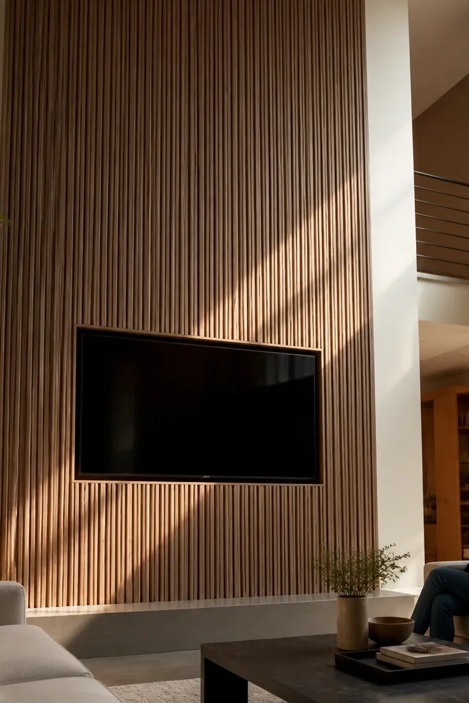 Vertical slats form a tall column around a wall-mounted TV