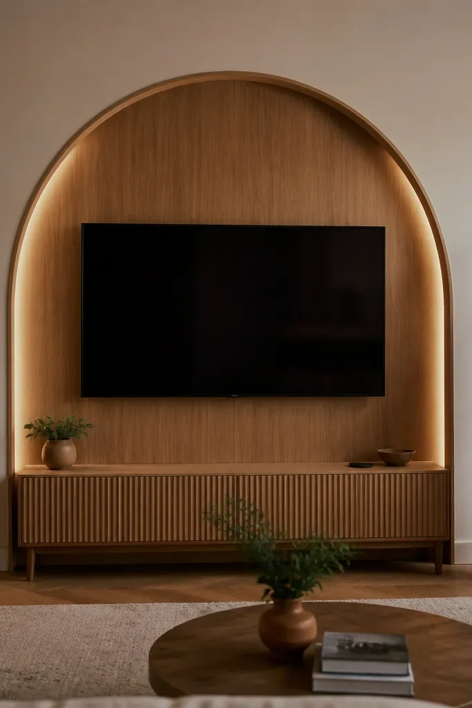 Arch-shaped TV surround with wood-look veneer and matte paint