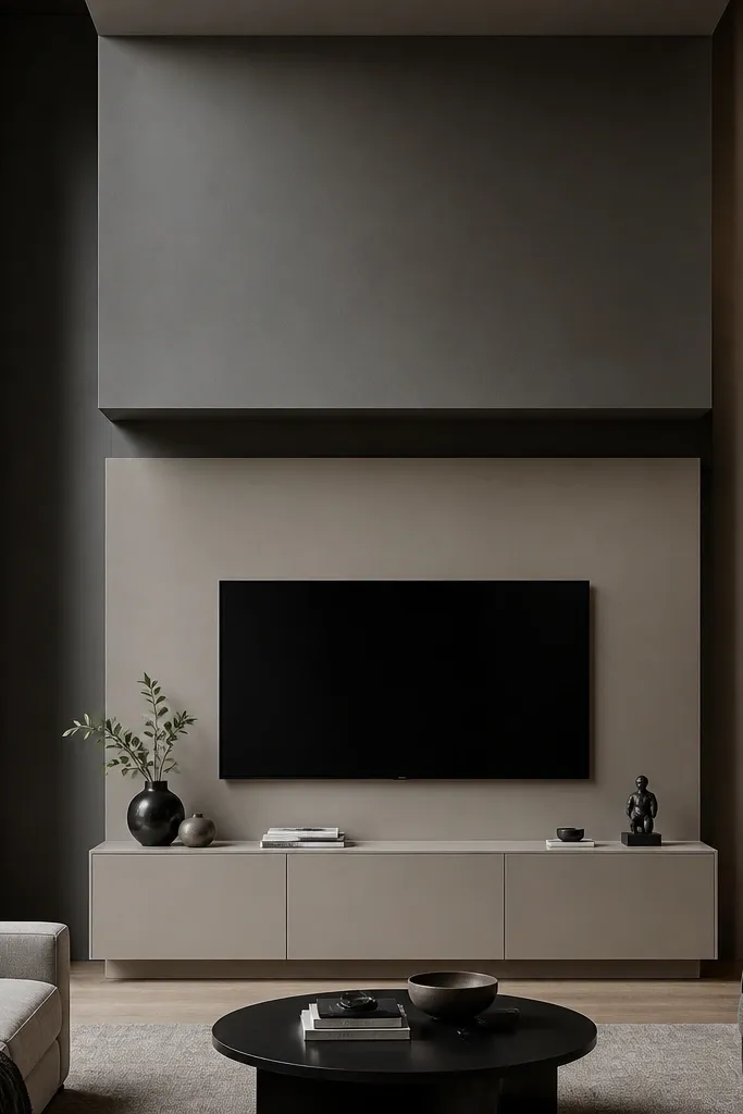 Two-tone vertical panels with a removable top canopy above TV