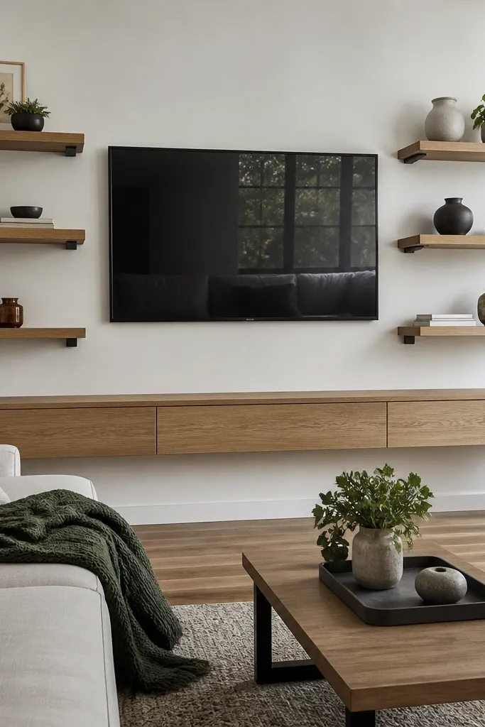 Layered floating shelves around a TV with a concealed media box