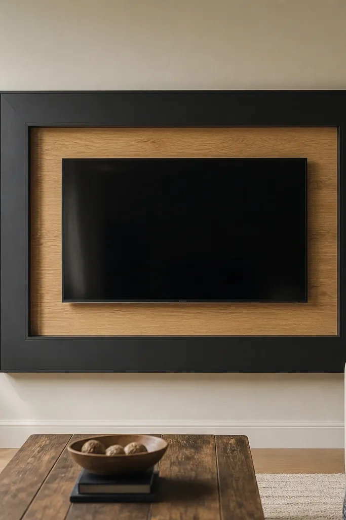 Black frame around TV with warm oak backing and hidden cables