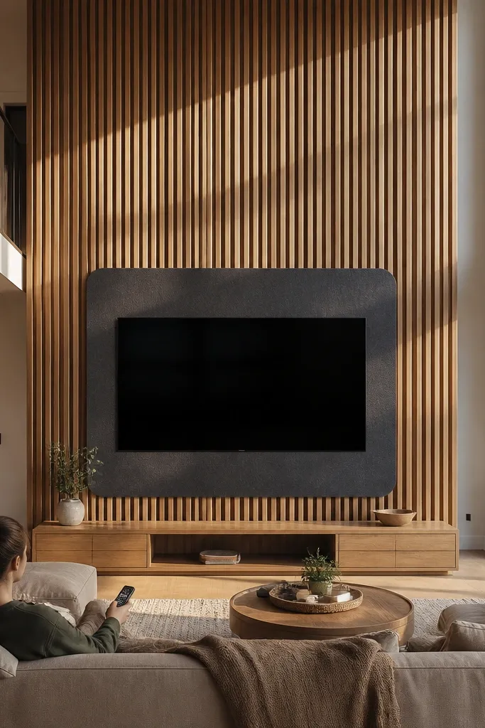 Slatted TV surround with muted fabric backing behind the screen