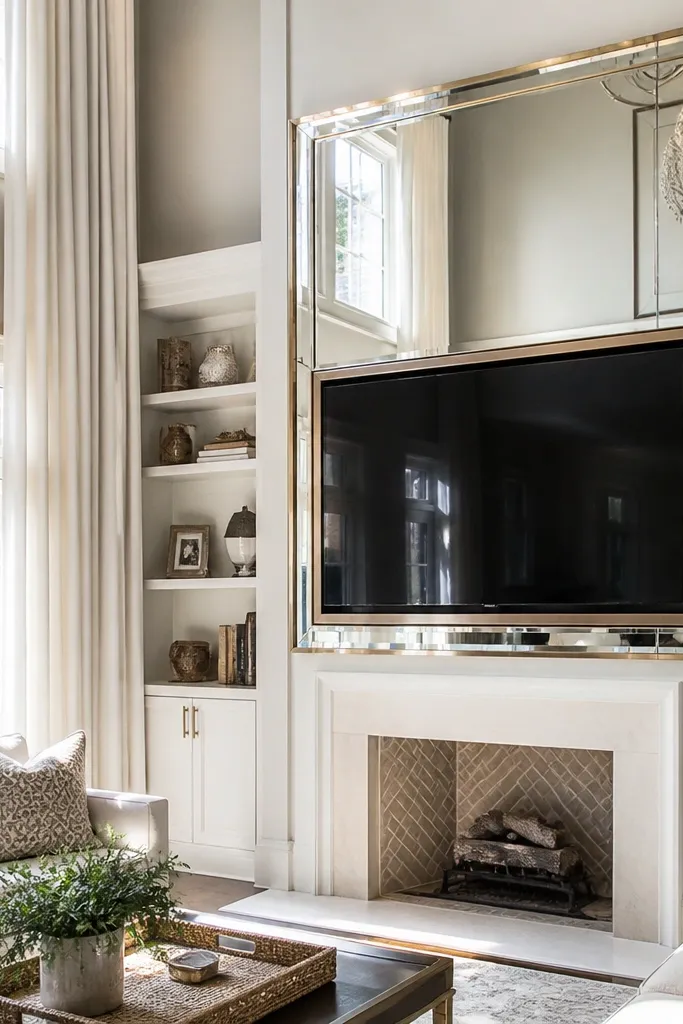 Mirror-backed TV wall with a removable framed border