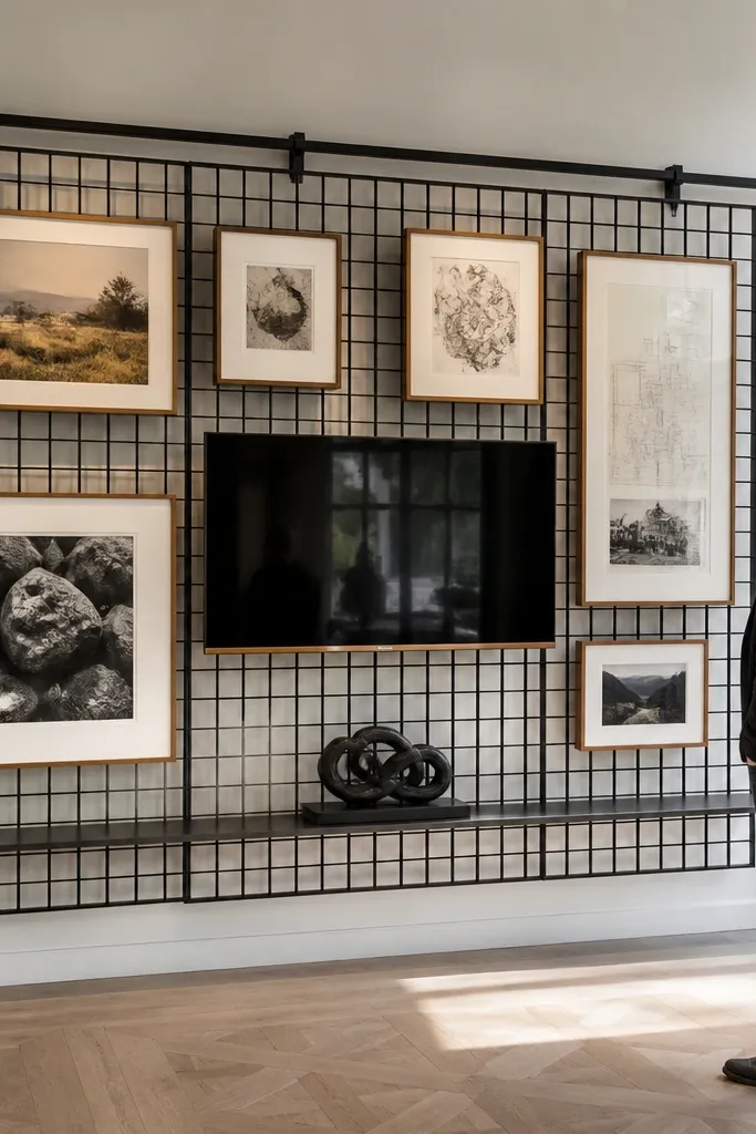 Grid of framed panels around TV with removable rails