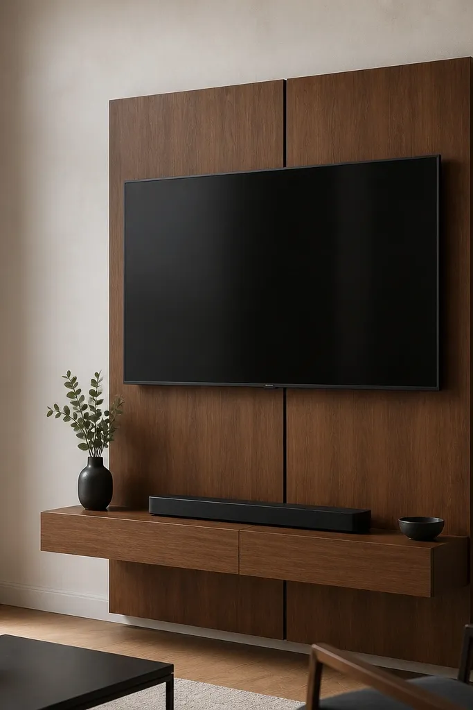 Wood-framed TV panel with a vertical cable channel