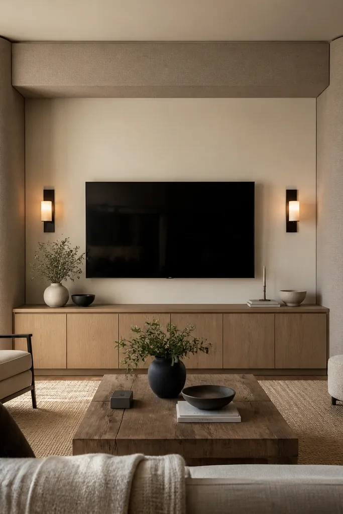 Fabric-wrapped columns flank a TV with a centered opening