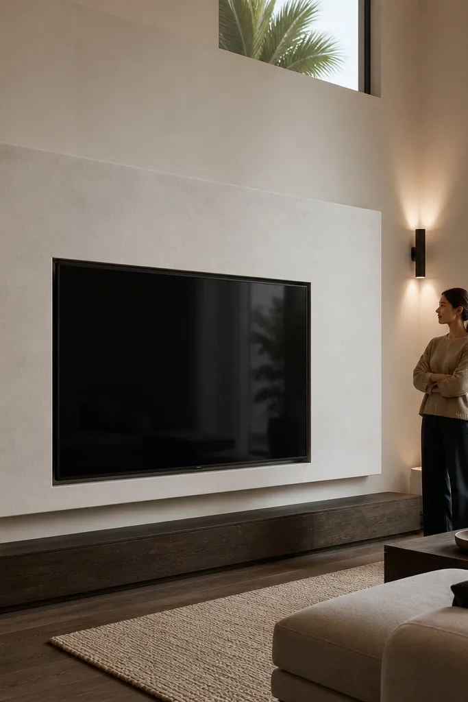 Plaster-look panel with centered TV mount and hidden cables