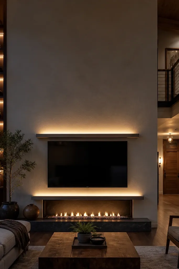 TV with a floating shelf and warm lightbox glow below