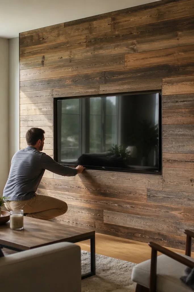 Reclaimed-style wood paneling with a centered TV opening