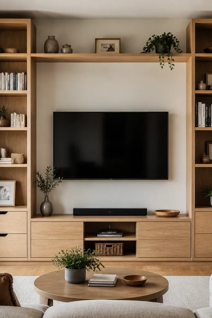 TV centered between two tall removable bookshelf side panels