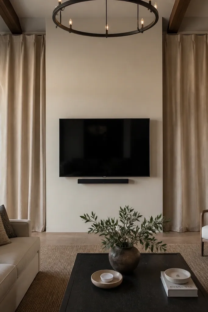TV centered on a flat panel with flowing fabric banners above