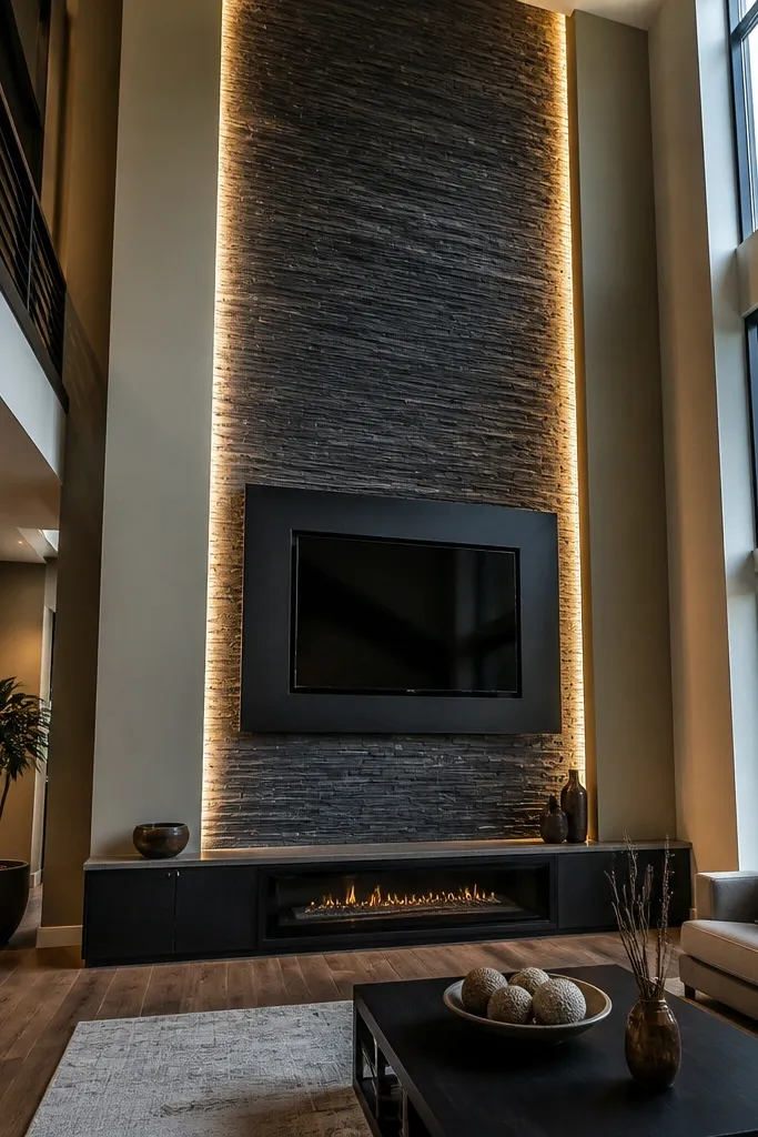 TV in a tall frame with slim vertical light strips on both sides