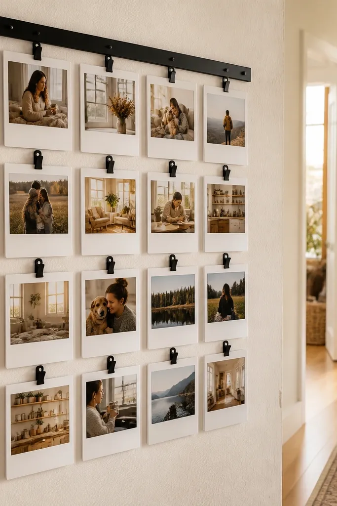 Nine photos in a 3x5 grid with white borders on a wall rail