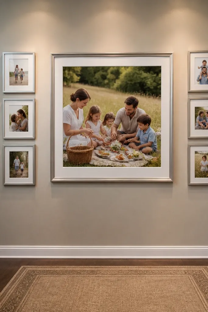 Large center family with two vertical columns of smaller photos