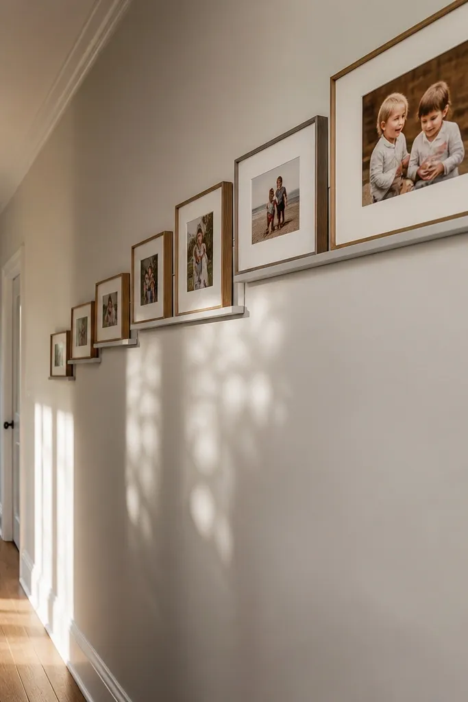 Photos arranged in a staggered staircase line along a hallway wall