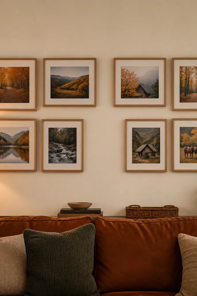 Two rows of mixed-size photos with consistent spacing and a centered gap