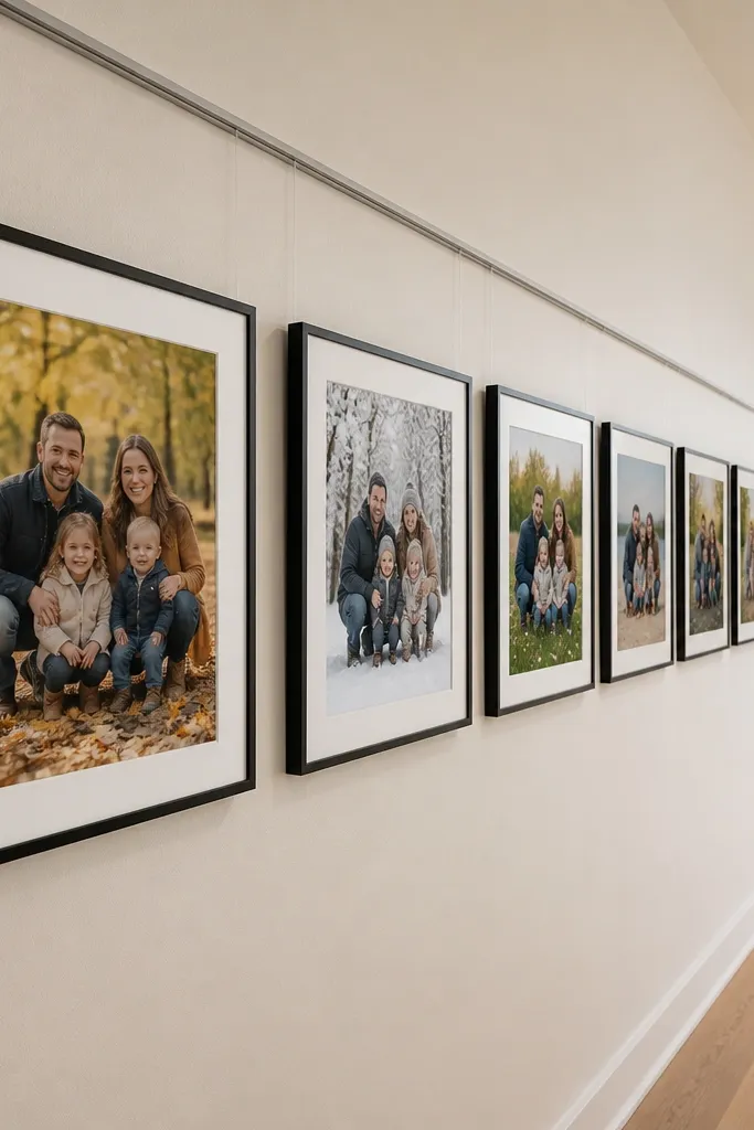 Narrow black frames in a straight horizontal line with white mats