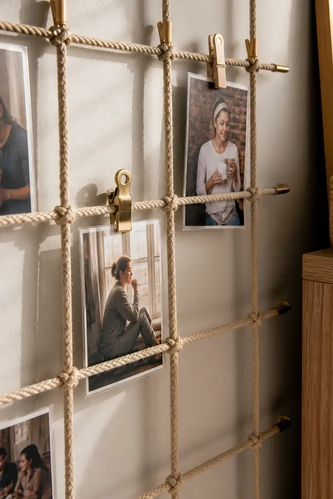 Photos clipped onto rope lines forming a tidy rectangle grid