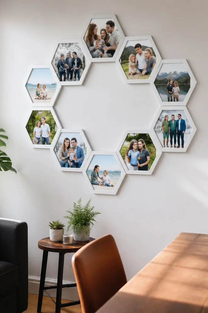 Small hexagon frames arranged like a honeycomb on a wall