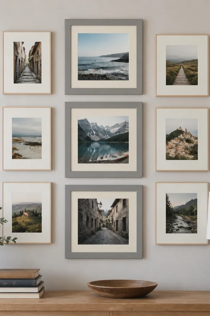 Vertical column of frames with two mat colors on a balanced wall