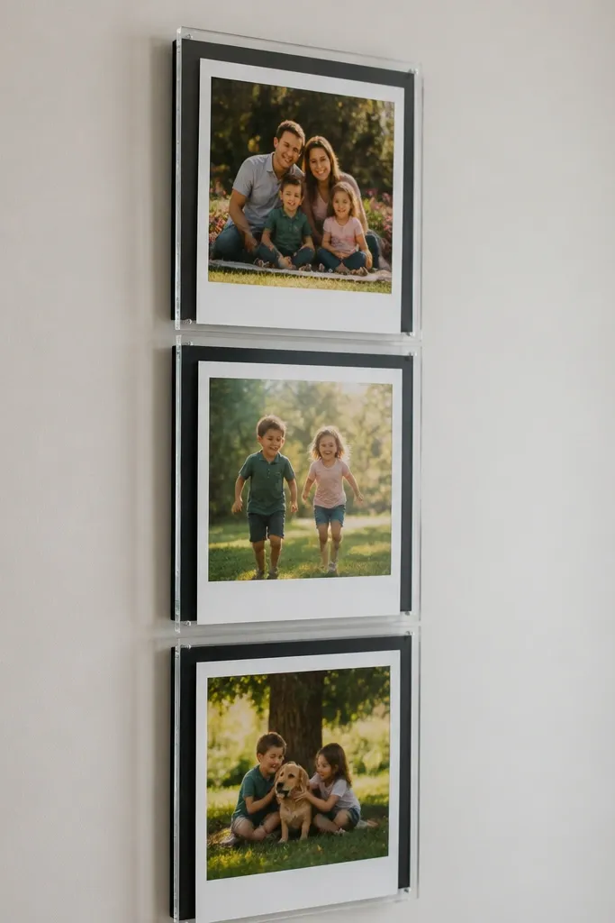 Stacked polaroid-style prints arranged vertically with equal spacing