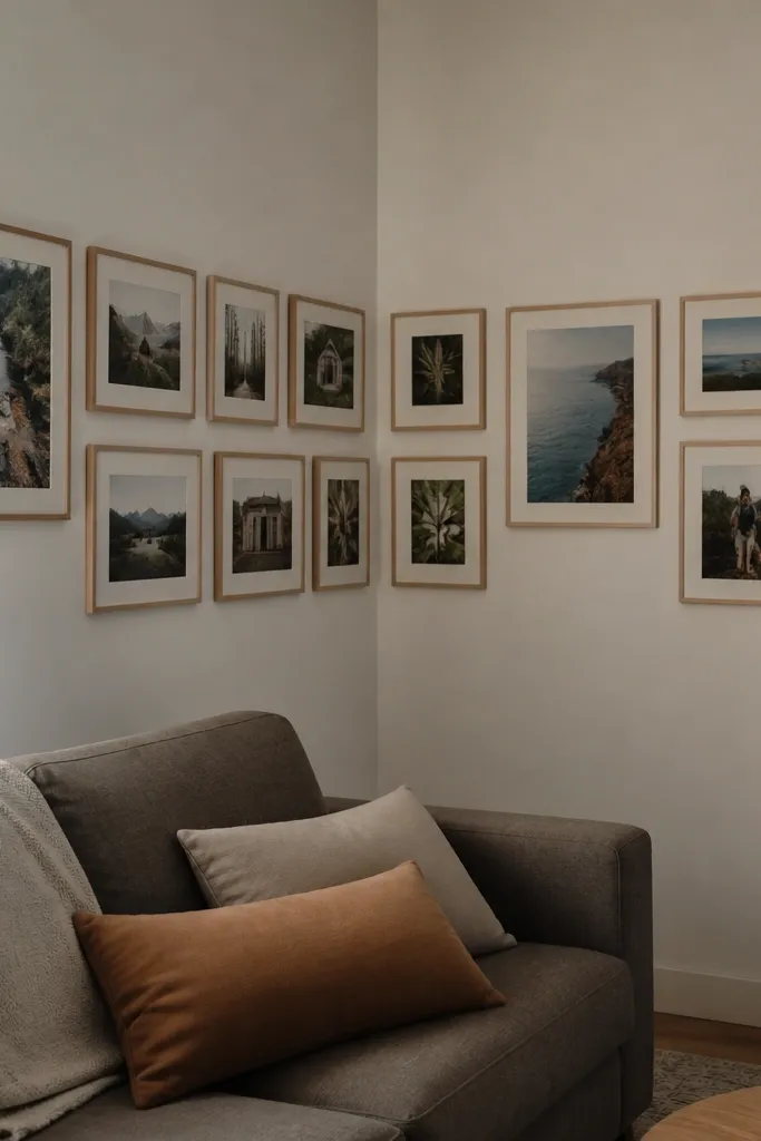 L-shaped collage wrapping around a corner with frames spaced evenly